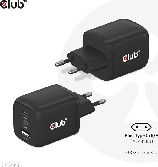 Picture of Club 3D Club3D cestovní nabíjeka 65W GAN technologie, 3 porty (2xUSB-C + USB-A), PPS, Power Delivery(PD) 3.0 Support