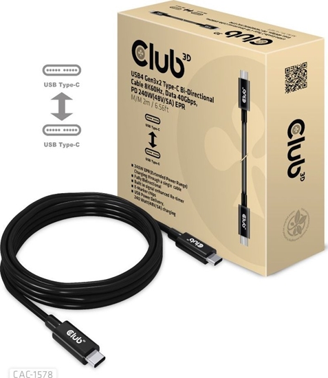 Picture of Club 3D Club3D Kabel USB4 Gen3x2 Type-C Oboustranný kabel 8K60Hz, Data 40 Gbps, PD 240W(48V/5A) EPR M/M 2m