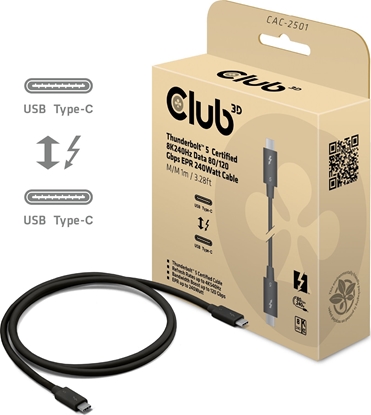 Attēls no Club3D Kabel Thunderbolt 5, 80/120Gbps, Certifikovaný kabel, 1x 4K540Hz, 2x8K240Hz, PD 240W, 1m