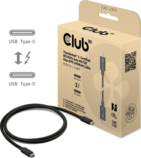 Picture of Club3D Kabel Thunderbolt 5, 80/120Gbps, Certifikovaný kabel, 1x 4K540Hz, 2x8K240Hz, PD 240W, 1m
