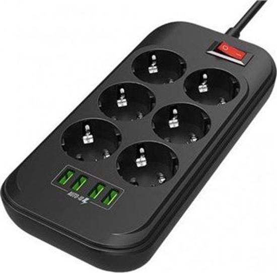 Picture of ColorWay Power Socket CW-CHE64B Black, 4xUSB, 2 m, 250 V, 6 euro sockets, 17 W