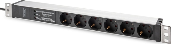 Picture of Digitus Socket strip with aluminum profile and surge protection, integrated line filter, 6 safety sockets, 2 m cable safety plug