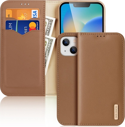 Attēls no Dux Ducis Dux Ducis Hivo skórzane etui z klapk pokrowiec ze skóry naturalnej portfel na karty i dokumenty iPhone 14 Plus brzowy