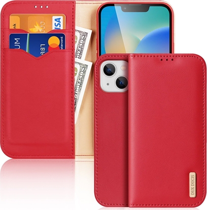 Attēls no Dux Ducis Dux Ducis Hivo skórzane etui z klapk pokrowiec ze skóry naturalnej portfel na karty i dokumenty iPhone 14 Plus czerwony