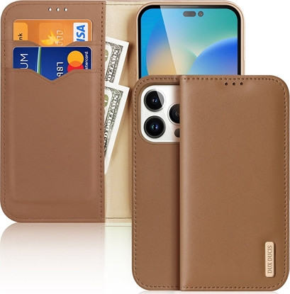 Attēls no Dux Ducis Dux Ducis Hivo skórzane etui z klapk pokrowiec ze skóry naturalnej portfel na karty i dokumenty iPhone 14 Pro brzowy