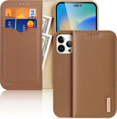 Attēls no Dux Ducis Dux Ducis Hivo skórzane etui z klapk pokrowiec ze skóry naturalnej portfel na karty i dokumenty iPhone 14 Pro Max brzowy