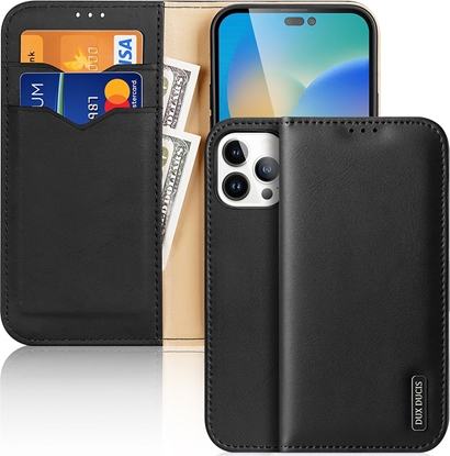 Attēls no Dux Ducis Dux Ducis Hivo skórzane etui z klapk pokrowiec ze skóry naturalnej portfel na karty i dokumenty iPhone 14 Pro Max czarny