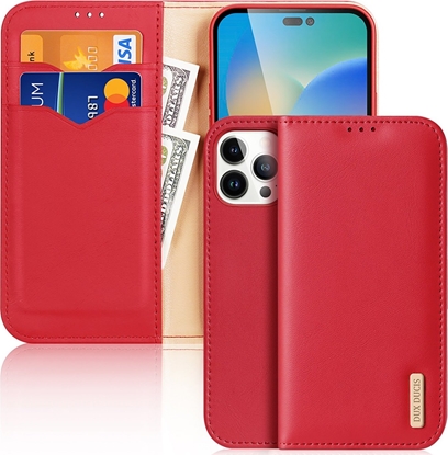 Attēls no Dux Ducis Dux Ducis Hivo skórzane etui z klapk pokrowiec ze skóry naturalnej portfel na karty i dokumenty iPhone 14 Pro Max czerwony