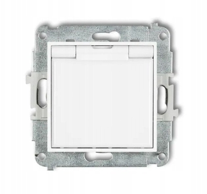 Attēls no Gniazdo bryzgoszczelne Karlik Icon IGPB-1zp z uziemieniem 2P+Z klapka biaa, przesony torów prdowych biae