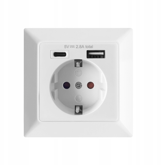 Изображение Gniazdo pojedyncze 2P+Z (Schuko), USB-A + USB-C, wyjcie 5VDC, max 2,8A