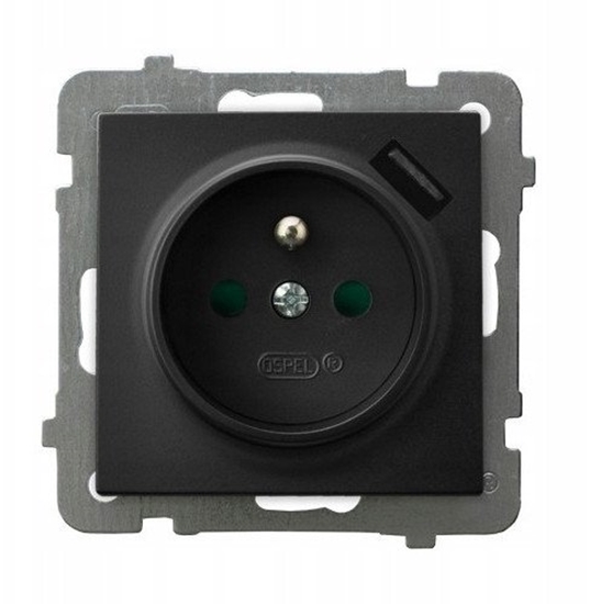 Picture of Gniazdo pojedyncze z uziemieniem Ospel As GP-1GZPUSB/m/33 z przesonami torów prdowych, z adowark USB czarny metalik