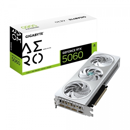 Attēls no Graphics Card|GIGABYTE|NVIDIA GeForce RTX 5060|8 GB|GDDR7|128 bit|PCIE 5.0 16x|GPU 2595 MHz|1xHDMI|3xDisplayPort|GV-N5060AEROOC-8GD
