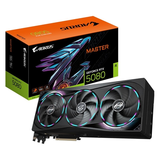 Picture of Graphics Card|GIGABYTE|NVIDIA GeForce RTX 5080|16 GB|GDDR7|256 bit|PCIE 5.0 16x|GPU 2617 MHz|Dual Slot Fansink|1xHDMI|3xDisplayPort|GV-N5080AORUSM-16GD1.0
