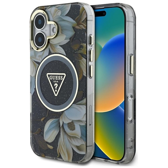Picture of Guess Glitter Flowers Triangle Buttons MagSafe Protective cover for Apple iPhone 16