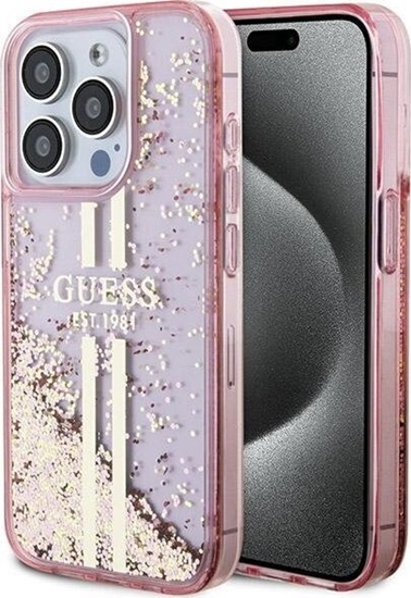 Изображение Guess Guess GUHCP15LLFCSEGP iPhone 15 Pro 6.1" róowy/pink hardcase Liquid Glitter Gold Stripes