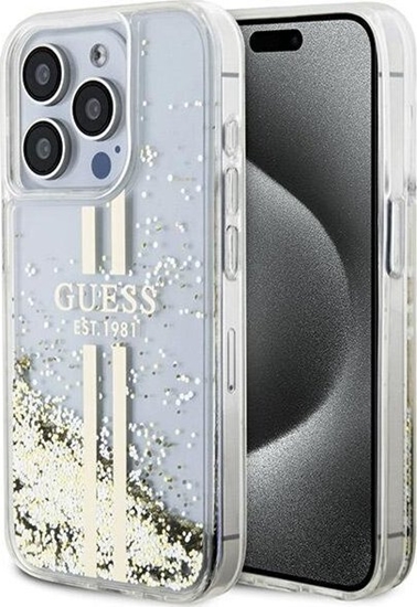 Изображение Guess Guess GUHCP15LLFCSEGT iPhone 15 Pro 6.1" transparent hardcase Liquid Glitter Gold Stripes