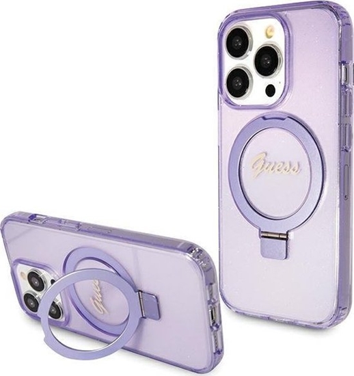 Picture of Guess Guess GUHMP15LHRSGSU iPhone 15 Pro 6.1" fioletowy/purple hardcase Ring Stand Script Glitter MagSafe