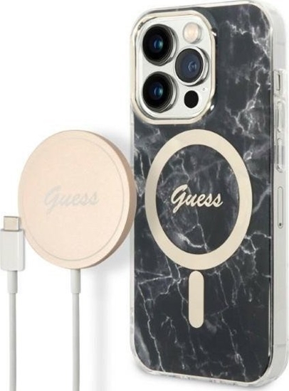 Изображение Guess Zestaw Guess GUBPP14LHMEACSK Case+ Charger iPhone 14 Pro 6,1" czarny/black hard case Marble MagSafe NoSize