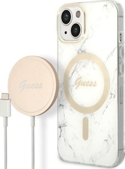 Изображение Guess Zestaw Guess GUBPP14SHMEACSH Case+ Charger iPhone 14 6,1" biay/white hard case Marble MagSafe NoSize