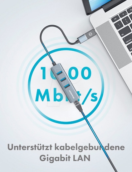 Picture of HUB USB Graugear USB-HUB 3x USB 3.0 Ports Type-A+ Gbit LAN retail