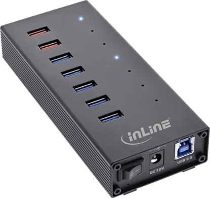 Attēls no HUB USB InLine InLine® USB 3.2 Gen.1 7 Port Hub Aluminium Case with 2.5A Power Supply black