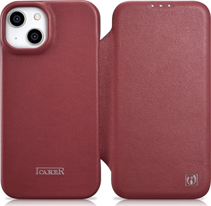 Изображение iCarer iCarer CE Premium Leather Folio Case skórzane etui iPhone 14 Plus z klapk magnetyczne MagSafe czerwony (WMI14220715-RD)