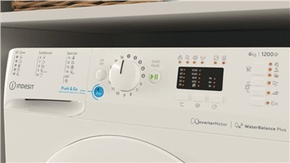 Attēls no INDESIT | Washing machine | BWSA 61294 W EU N | Energy efficiency class C | Front loading | Washing capacity 6 kg | 1151 RPM | Depth 42.5 cm | Width 59.5 cm | Display | Big Digit | White