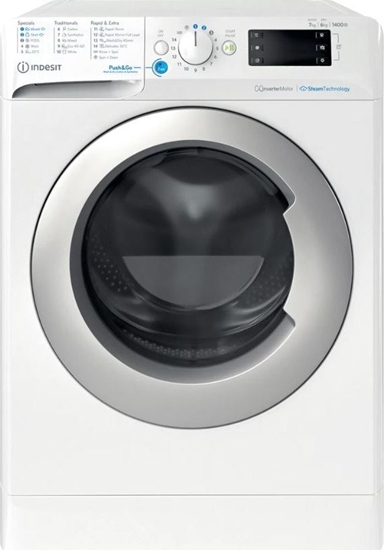 Picture of INDESIT | Washing machine with Dryer | BDE 76435 WSV EE | Energy efficiency class B/D | Front loading | Washing capacity 7 kg | 1351 RPM | Depth 54 cm | Width 60 cm | LCD | Drying system | Drying capacity 6 kg | Steam function | White