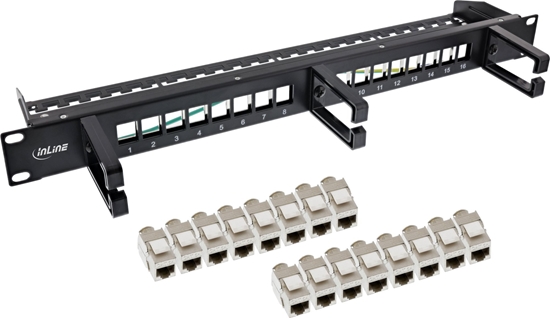 Picture of InLine InLine® Patch panel Cat.6A 16-way, with 3 brackets, 16 keystones, 19", 1U, nero
