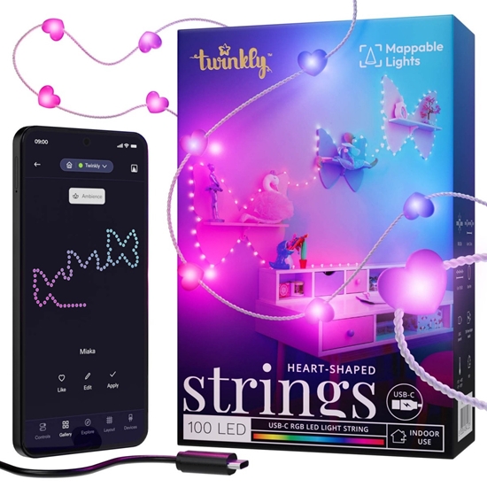 Picture of Inteligentne lampki dekoracyjne Strings USB-C (Candies) 100 LED RGB, serca, przezroczysty przewód, 6 m