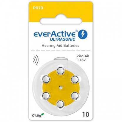 Attēls no Izmērs 10, Dzirdes Aparāta Baterija, 1.45V everActive Zn-Air PR70 iepakojumā 6 gb.