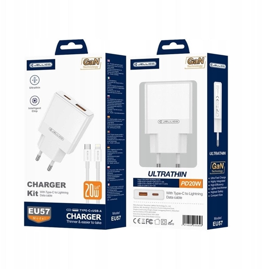 Picture of JELLICO adowarka sieciowa EU57 PD 20W 1xUSB-C + 1xUSB QC3.0 + kabel USB-C - Lightning Biay