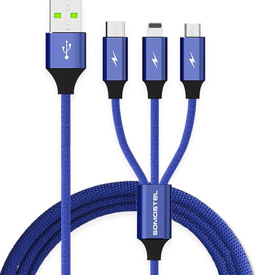 Изображение Kabel USB Somostel KABEL USB 3W1 3.4A NIEBIESKI 3400mAh QUICK CHARGER QC 3.0 1,2M POWERLINE SMS-BW03