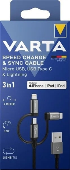 Picture of Varta Ladekabel 3in1 USB-A auf Micro-USB/USB-C/Light. 2m sw