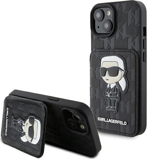 Picture of Karl Lagerfeld KLHCP15SSAKKNSCK iPhone 15 6.1" czarny/black hardcase Saffiano Cardslots and Stand Monogram Ikonik Patch