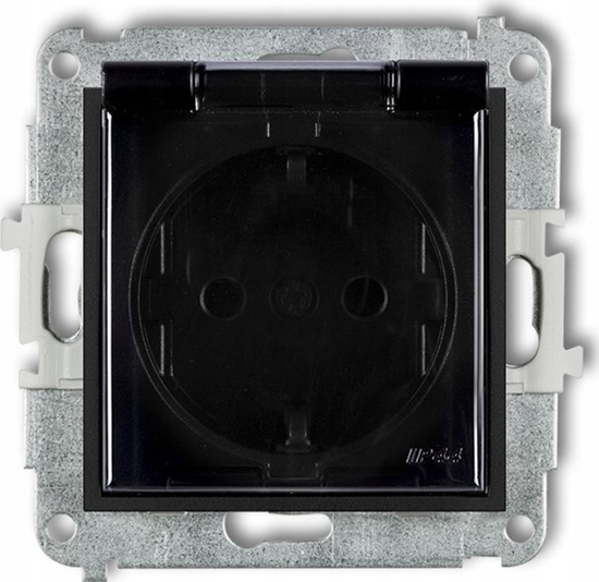 Picture of Karlik Gniazdo bryzgoszczelne Karlik Mini 12MGPB-1sdp z uziemieniem SCHUKO 2P+Z klapka dymna, przesony torów prdowych czarny mat