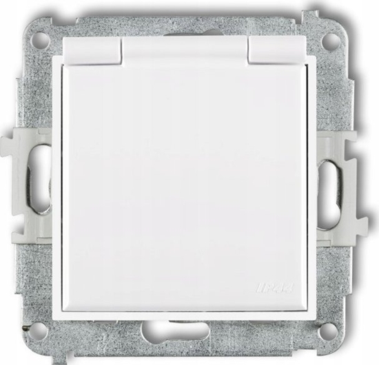 Picture of Karlik Gniazdo bryzgoszczelne Karlik Mini MGPB-1sp z uziemieniem SCHUKO 2P+Z klapka biaa, przesony torów prdowych biay