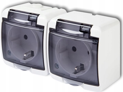 Picture of Karlik Gniazdo hermetyczne Karlik Junior GHE-2SDP natynkowe podwójne z uziemieniem IP54 schuko z przesonami klapka transparentna biae