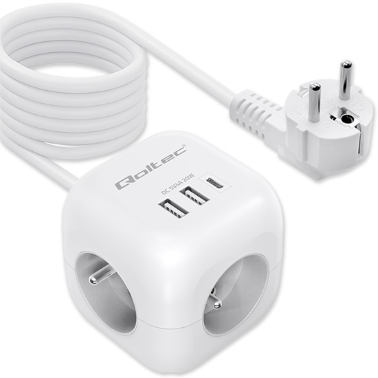 Изображение Kostka zasilająca przedłużacz 6w1 z podświetlanym włącznikiem |  3x AC | 2x USB | 1x USB-C PD 20W | biała | kabel 2m 