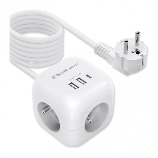 Изображение Kostka zasilająca przedłużacz 6w1 z podświetlanym włącznikiem |  3x AC | 2x USB | 1x USB-C PD 20W | biała | kabel 2m 
