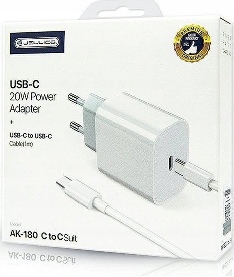 Picture of adowarka Jellico JELLICO adowarka sieciowa AK180 PD 20W 1xUSB-C + kabel USB-C - USB-C Biay
