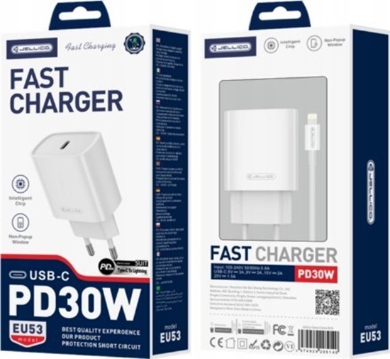 Picture of adowarka Jellico JELLICO adowarka sieciowa EU53 PD 30W 1xUSB-C + kabel USB-C - Lightning Biay