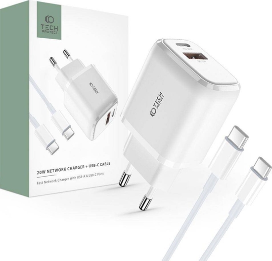 Picture of adowarka Tech-Protect adowarka sieciowa Tech-protect C20W 2-port Network Charger PD 20W QC 3.0 + USB-C Cable White