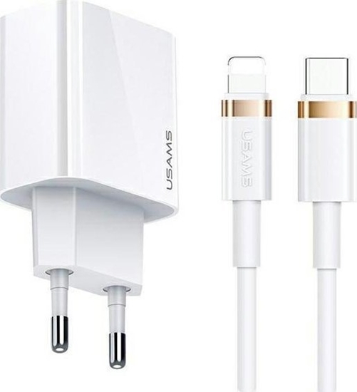 Picture of adowarka Usams adowarka sieciowa USAMS T34 1xUSB-C 20W 5V-3A PD3.0 + kabel U63 USB-C/Lightning 20W biay/white T49OCLN01