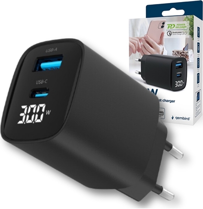 Attēls no Lādētājs Gembird USB Type-C + USB Type-A LCD Black