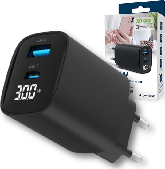 Picture of Lādētājs Gembird USB Type-C + USB Type-A LCD Black