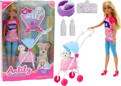 Attēls no LeanToys Lalka Anlily z Pieskiem W Wózku Butelki Miska Ko Aparat