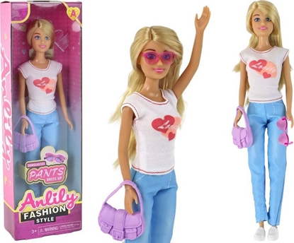 Attēls no LeanToys Lalka Dla Dzieci Anlily Dugie Blond Wosy Torebka Okulary Biaa Bluzka