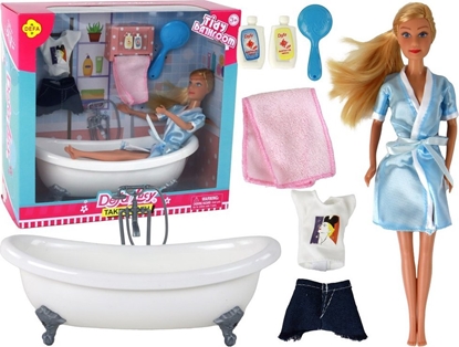 Изображение LeanToys Lalka Dla Dzieci Dugie Blond Wosy Szlafrok Niebieski Wanna azienka