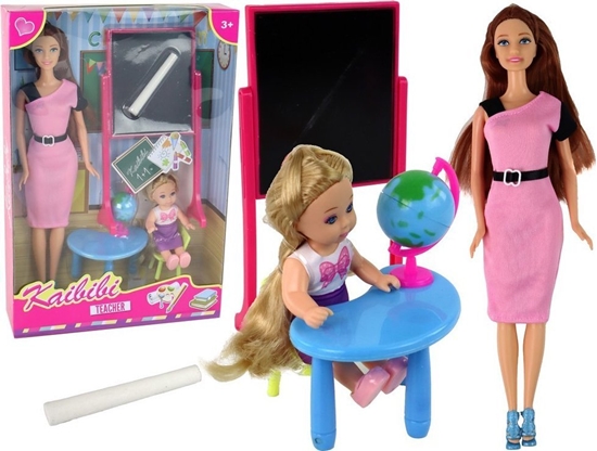 Изображение LeanToys Lalka Dla Dzieci Nauczycielka Z Uczennic Szkoa Tablica Globus Akcesoria